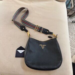Prada Black Vitello Phenix Leather Web Stripe Strap Crossbody